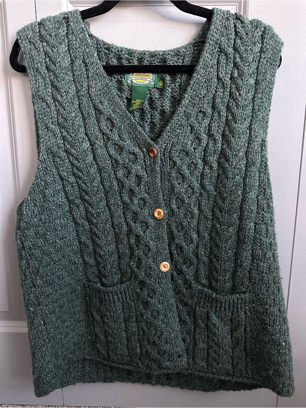 Green Cable-Knit Button Front Sweater Vest - 100% wool